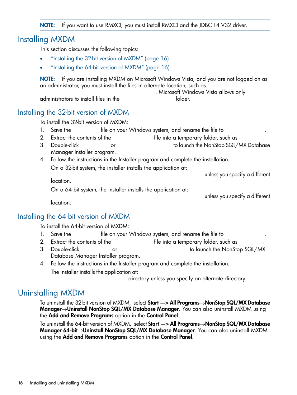 Installing mxdm, Installing the 32-bit version of mxdm, Installing the 64-bit version of mxdm | Uninstalling mxdm | HP Integrity NonStop J-Series User Manual | Page 16 / 110