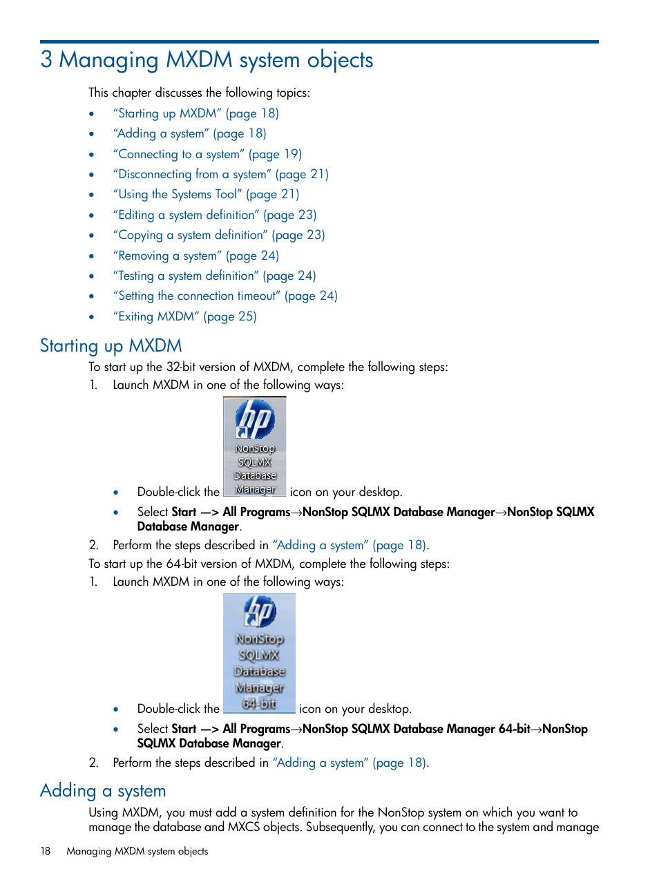 3 managing mxdm system objects, Starting up mxdm, Adding a system | Starting up mxdm adding a system | HP Integrity NonStop J-Series User Manual | Page 18 / 110