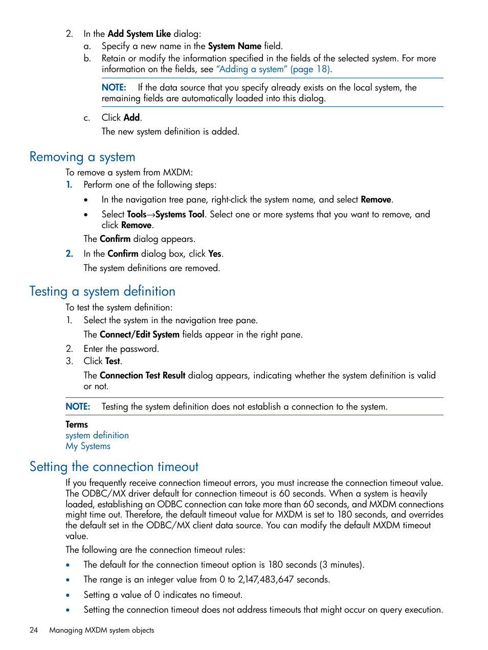 Removing a system, Testing a system definition, Setting the connection timeout | HP Integrity NonStop J-Series User Manual | Page 24 / 110