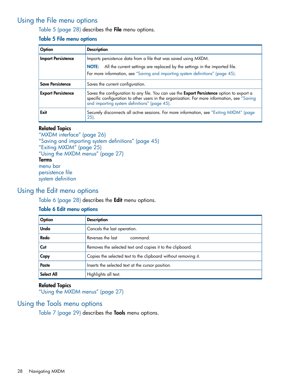 Using the file menu options, Using the edit menu options, Using the tools menu options | HP Integrity NonStop J-Series User Manual | Page 28 / 110