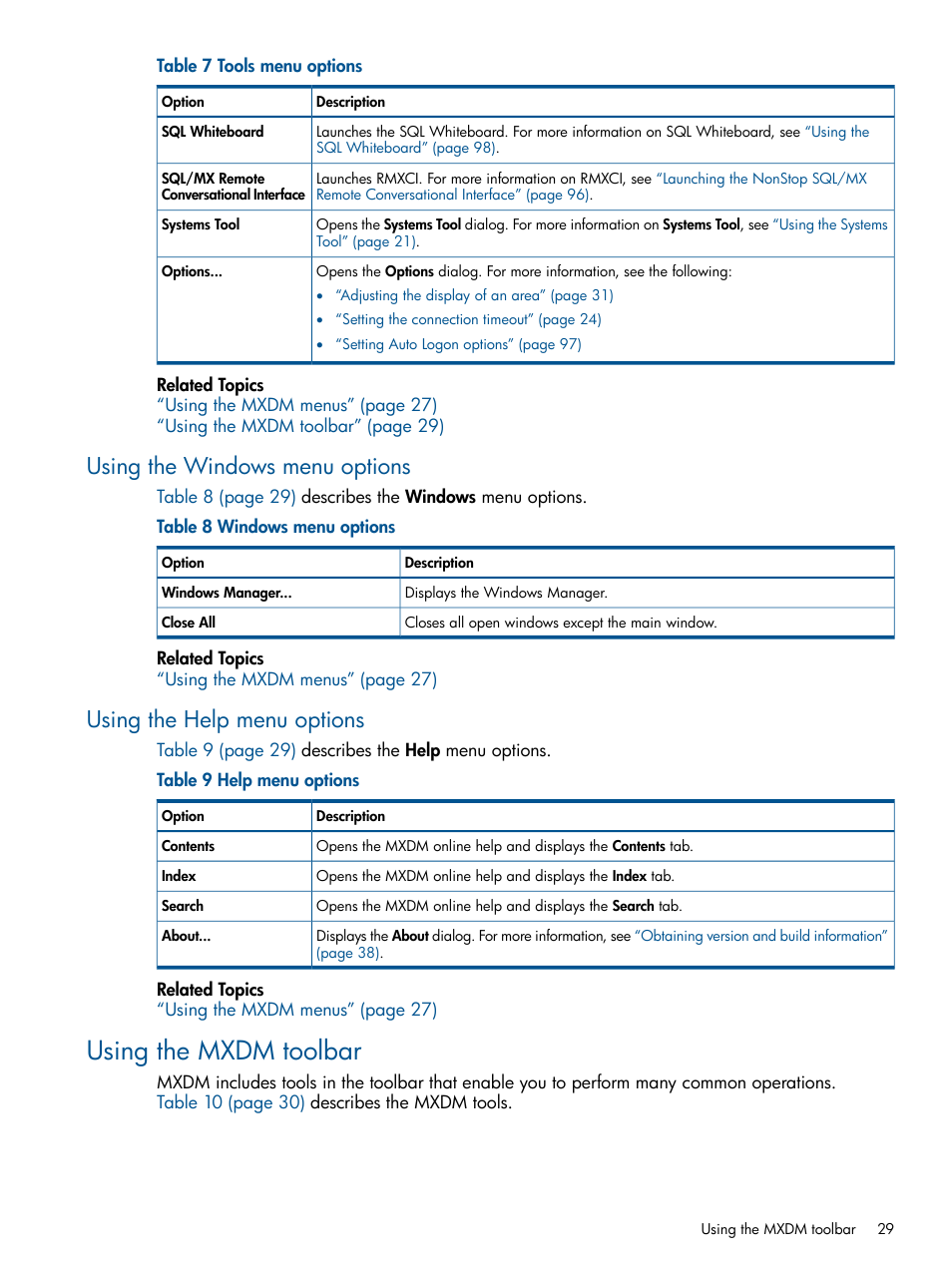 Using the windows menu options, Using the help menu options, Using the mxdm toolbar | HP Integrity NonStop J-Series User Manual | Page 29 / 110
