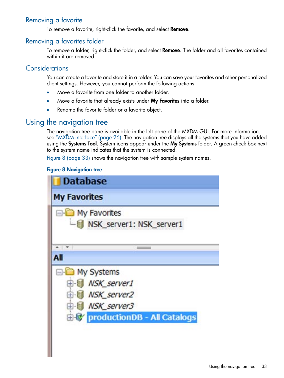 Removing a favorite, Removing a favorites folder, Considerations | Using the navigation tree | HP Integrity NonStop J-Series User Manual | Page 33 / 110