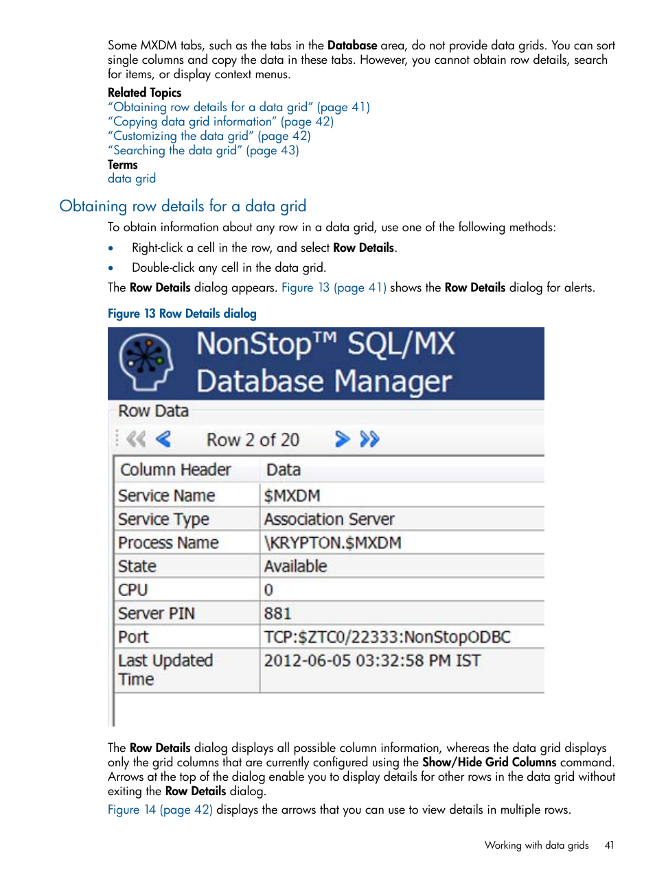 Obtaining row details for a data grid | HP Integrity NonStop J-Series User Manual | Page 41 / 110