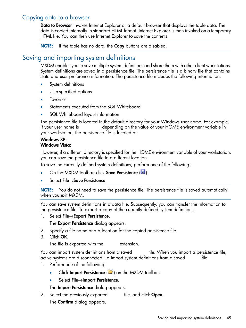 Copying data to a browser, Saving and importing system definitions, Saving | Saving and importing | HP Integrity NonStop J-Series User Manual | Page 45 / 110