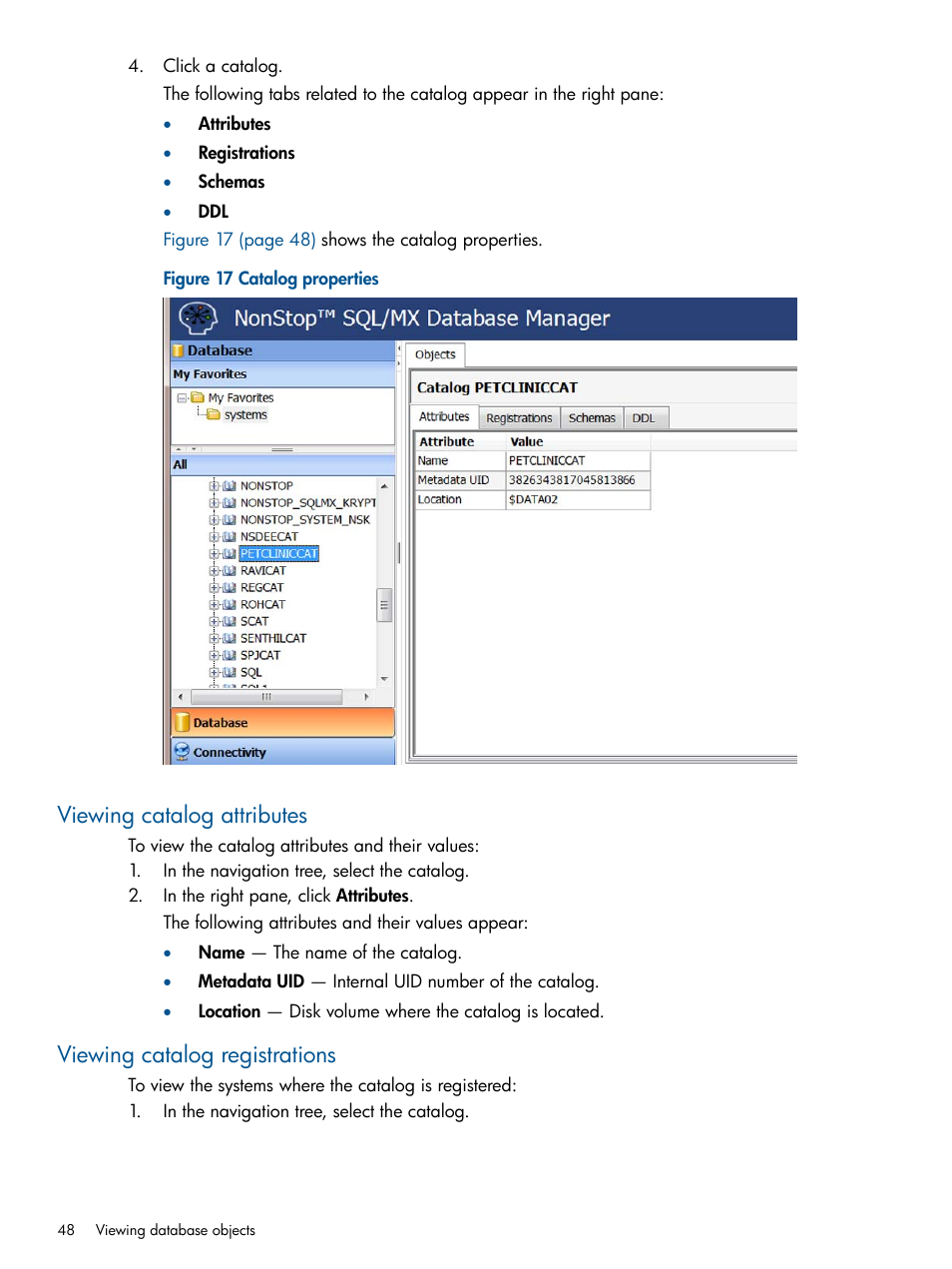 Viewing catalog attributes, Viewing catalog registrations | HP Integrity NonStop J-Series User Manual | Page 48 / 110