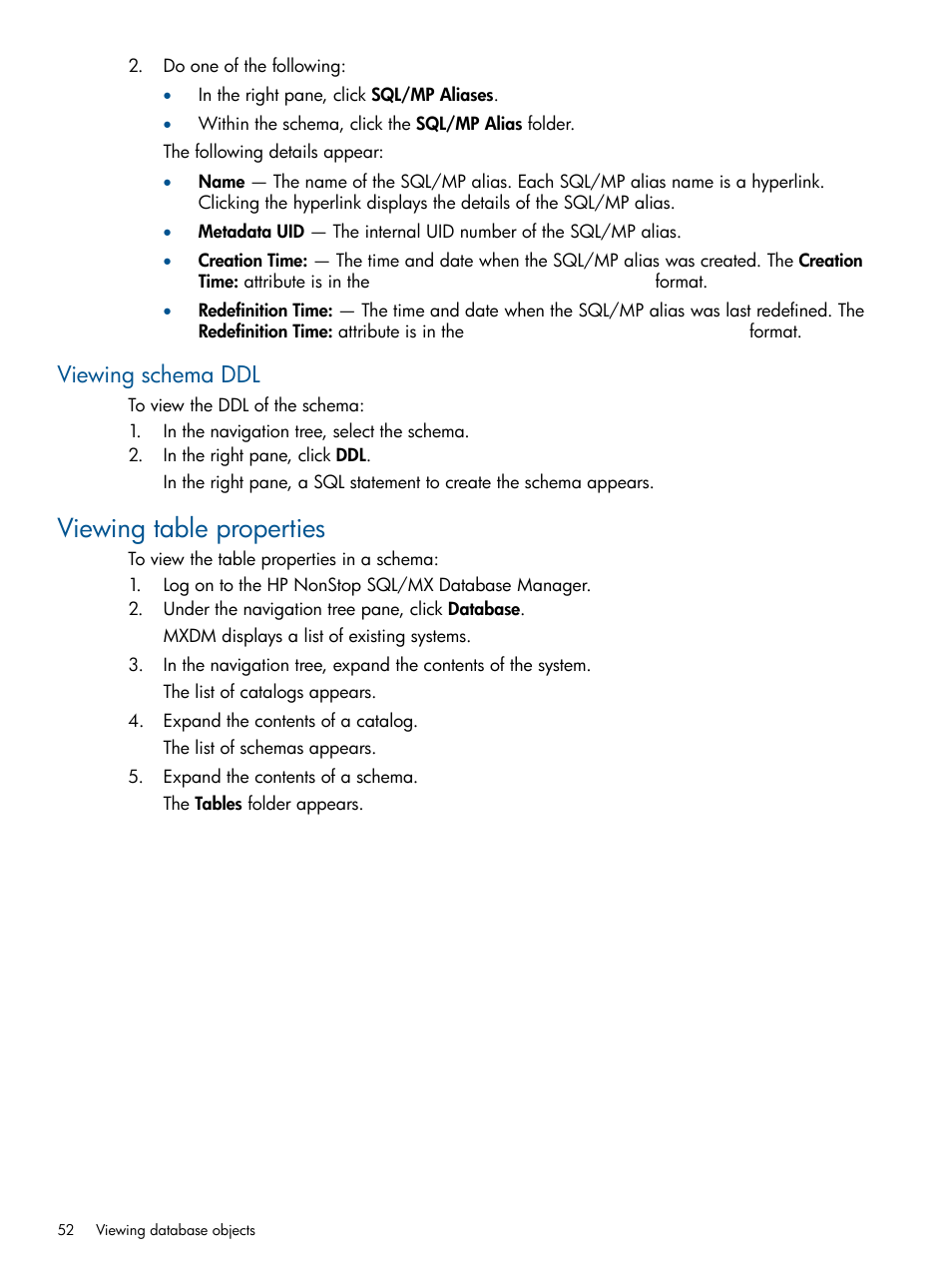 Viewing schema ddl, Viewing table properties | HP Integrity NonStop J-Series User Manual | Page 52 / 110