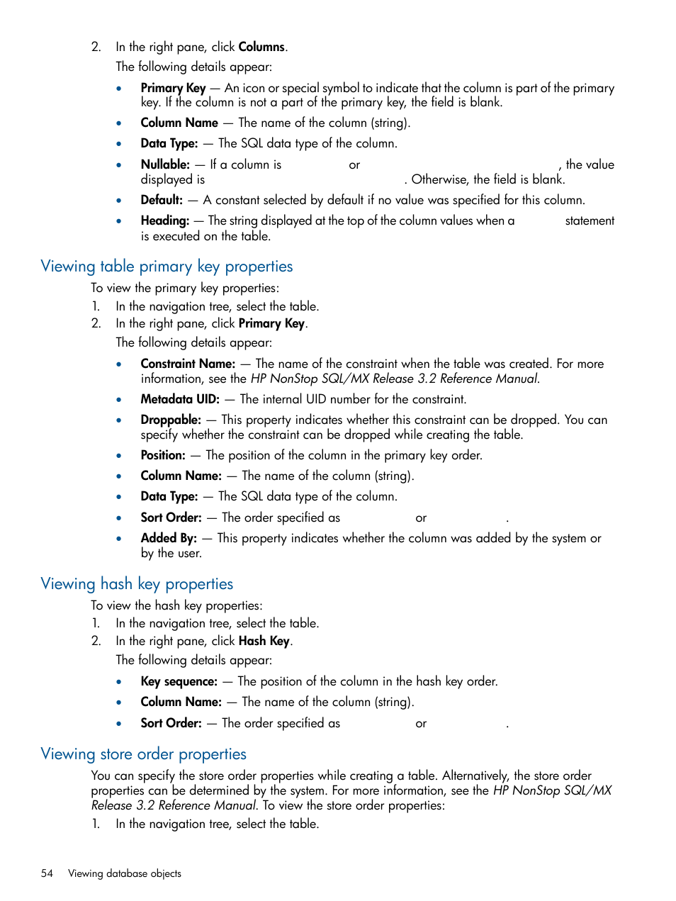 Viewing table primary key properties, Viewing hash key properties, Viewing store order properties | HP Integrity NonStop J-Series User Manual | Page 54 / 110