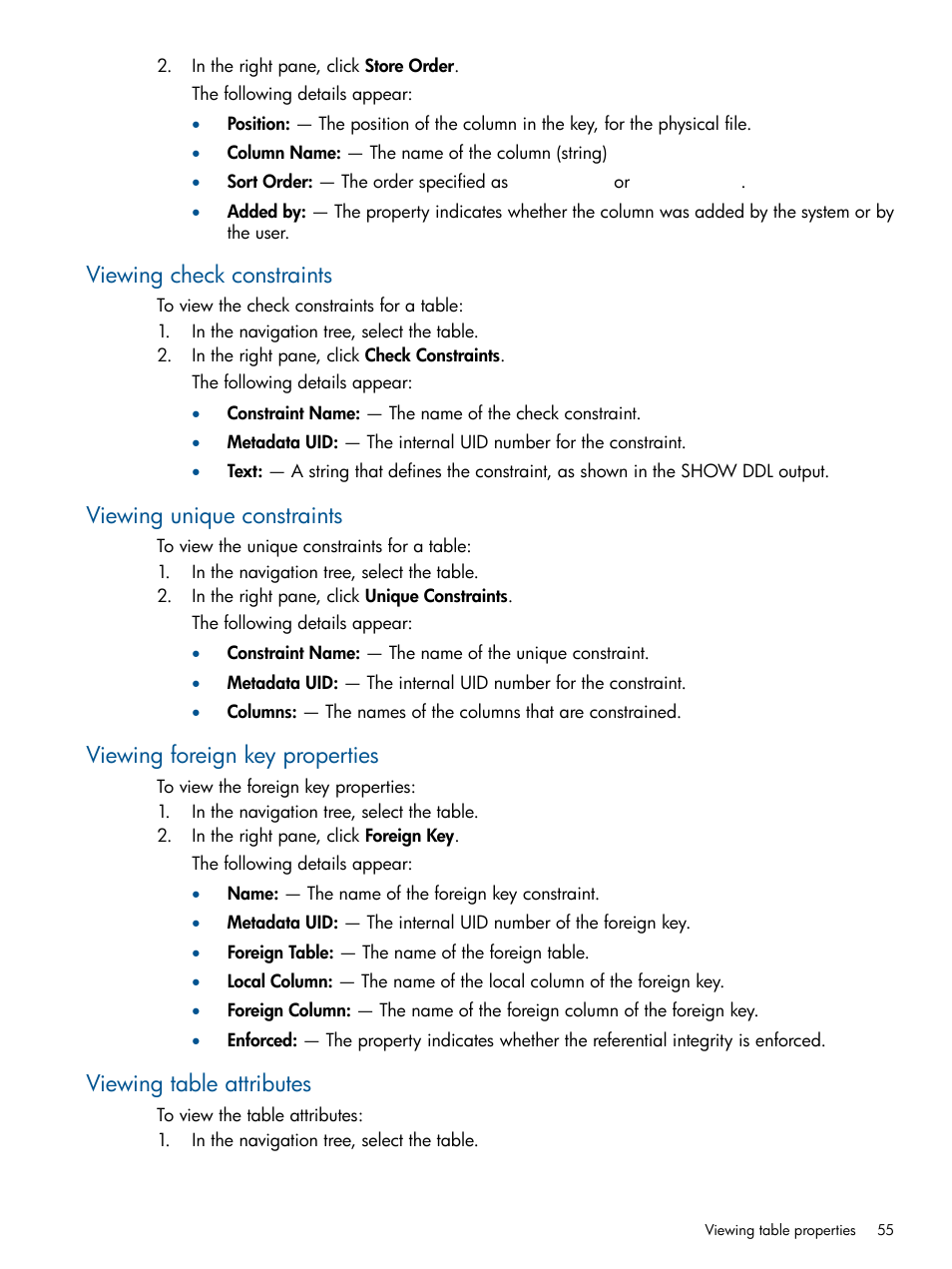 Viewing check constraints, Viewing unique constraints, Viewing foreign key properties | Viewing table attributes | HP Integrity NonStop J-Series User Manual | Page 55 / 110