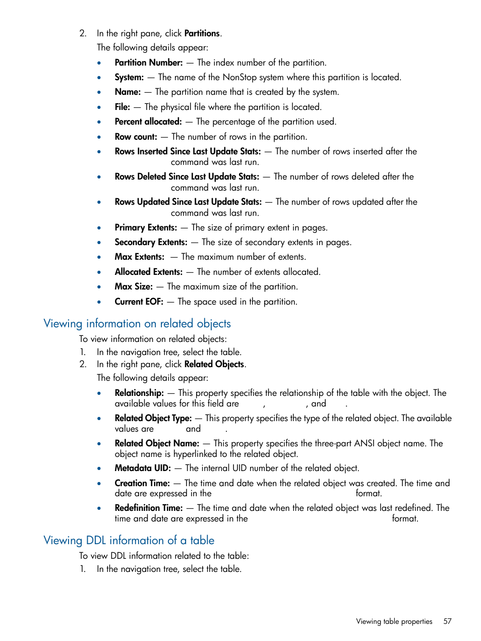 Viewing information on related objects, Viewing ddl information of a table | HP Integrity NonStop J-Series User Manual | Page 57 / 110