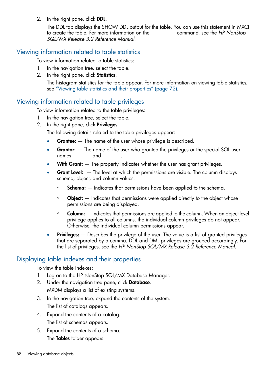 Viewing information related to table statistics, Viewing information related to table privileges, Displaying table indexes and their properties | HP Integrity NonStop J-Series User Manual | Page 58 / 110