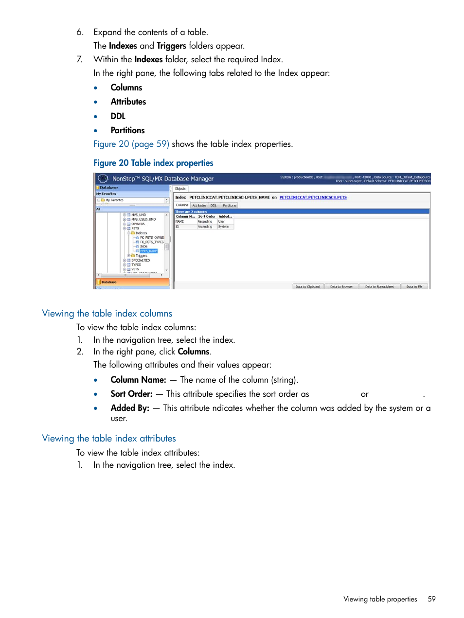 Viewing the table index columns, Viewing the table index attributes | HP Integrity NonStop J-Series User Manual | Page 59 / 110