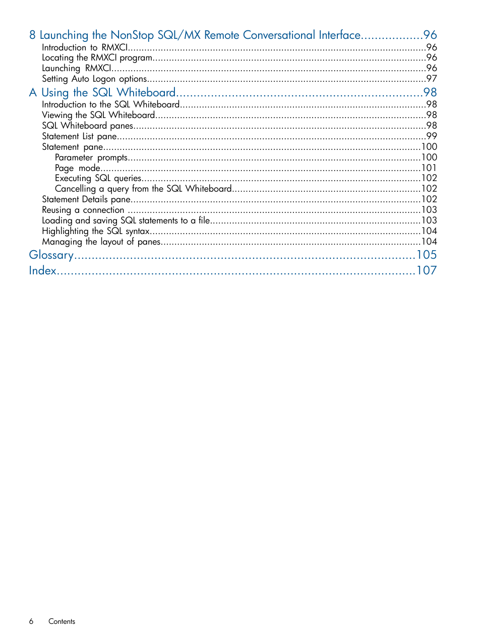 A using the sql whiteboard, Glossary index | HP Integrity NonStop J-Series User Manual | Page 6 / 110