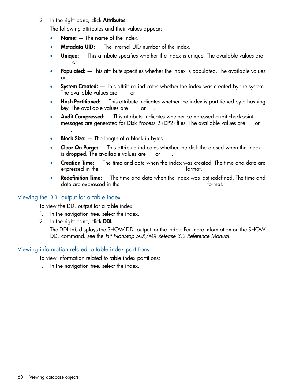 Viewing the ddl output for a table index | HP Integrity NonStop J-Series User Manual | Page 60 / 110