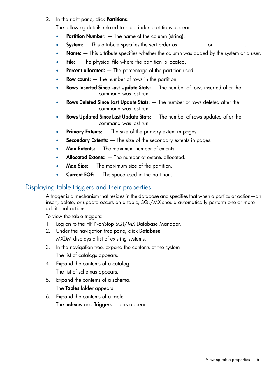 Displaying table triggers and their properties, Displaying table triggers | HP Integrity NonStop J-Series User Manual | Page 61 / 110