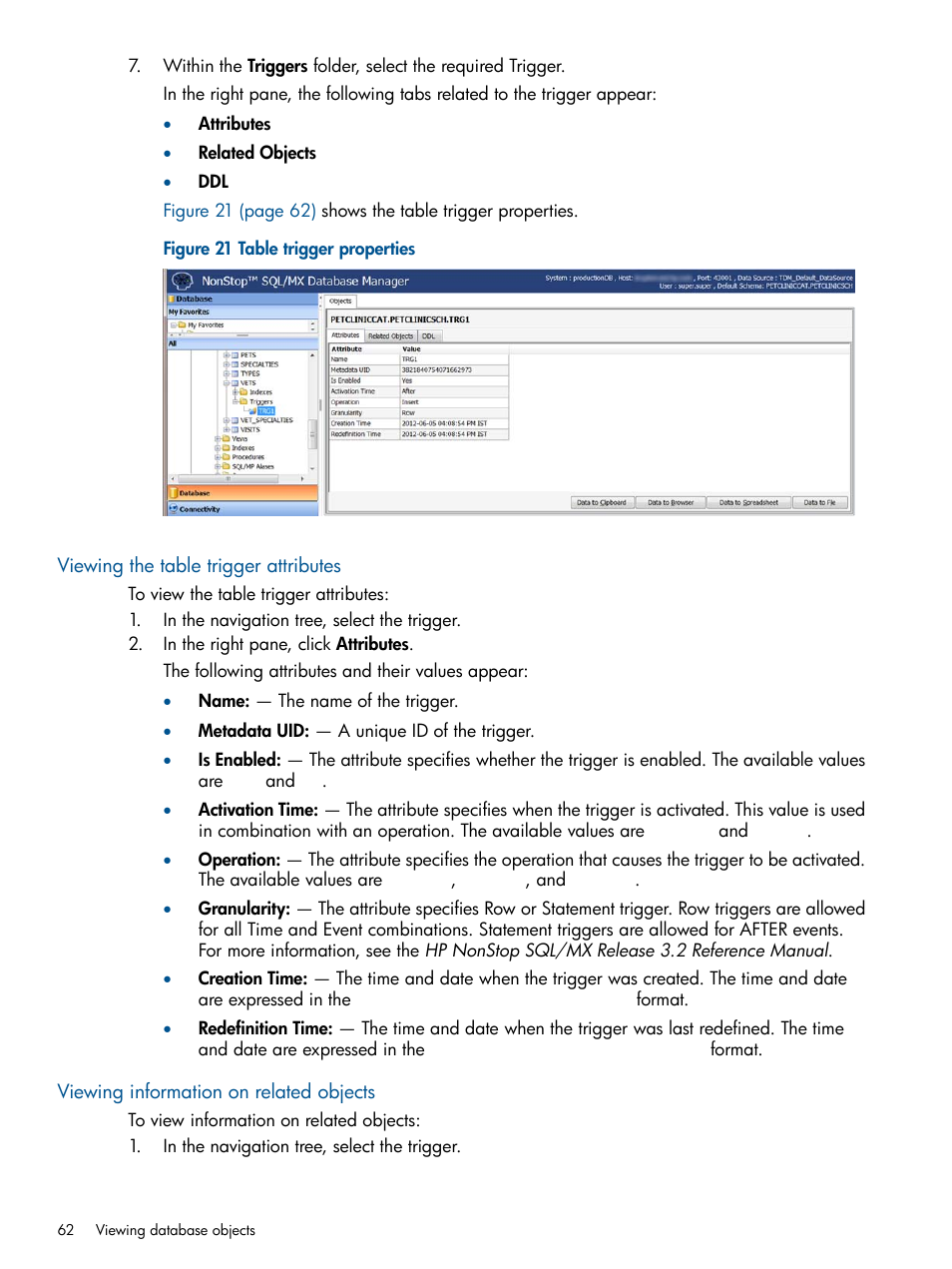 Viewing the table trigger attributes, Viewing information on related objects | HP Integrity NonStop J-Series User Manual | Page 62 / 110