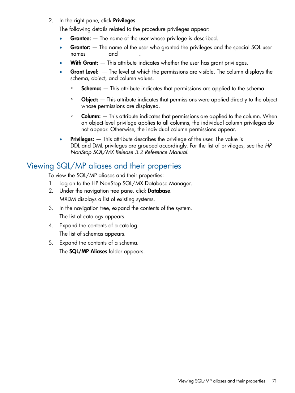 Viewing sql/mp aliases and their properties | HP Integrity NonStop J-Series User Manual | Page 71 / 110