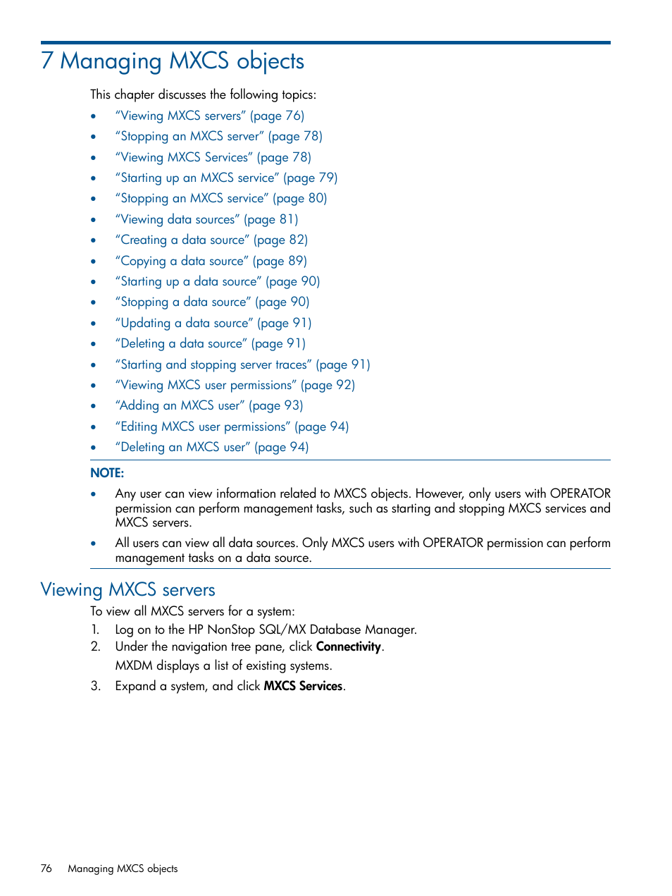 7 managing mxcs objects, Viewing mxcs servers | HP Integrity NonStop J-Series User Manual | Page 76 / 110