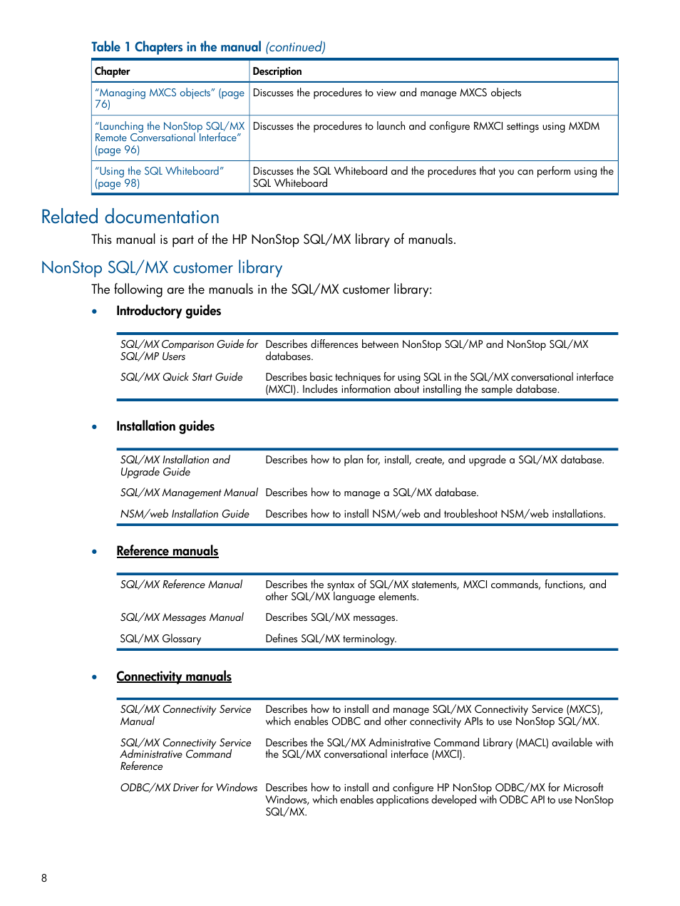 Related documentation, Nonstop sql/mx customer library | HP Integrity NonStop J-Series User Manual | Page 8 / 110