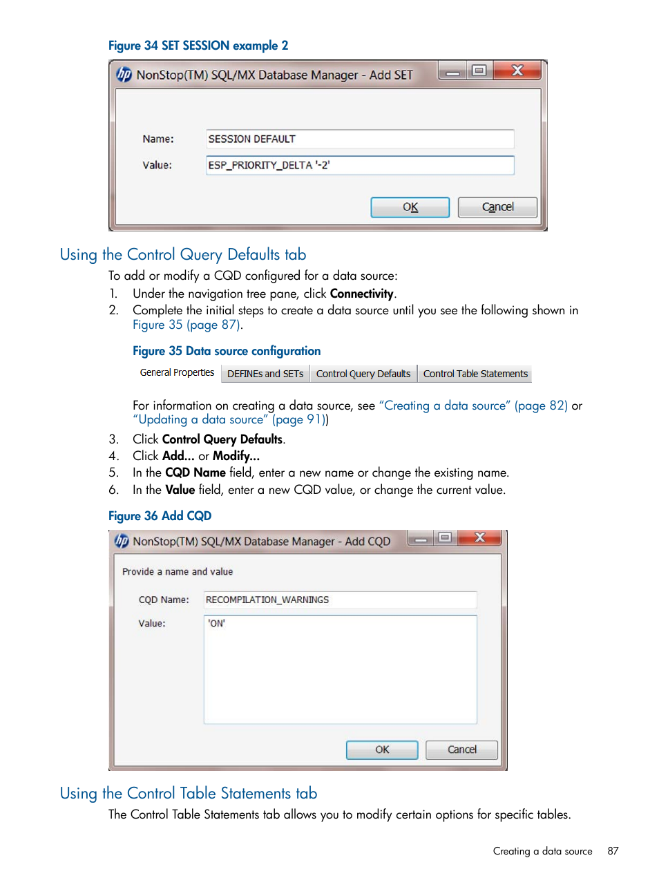 Using the control query defaults tab, Using the control table statements tab | HP Integrity NonStop J-Series User Manual | Page 87 / 110