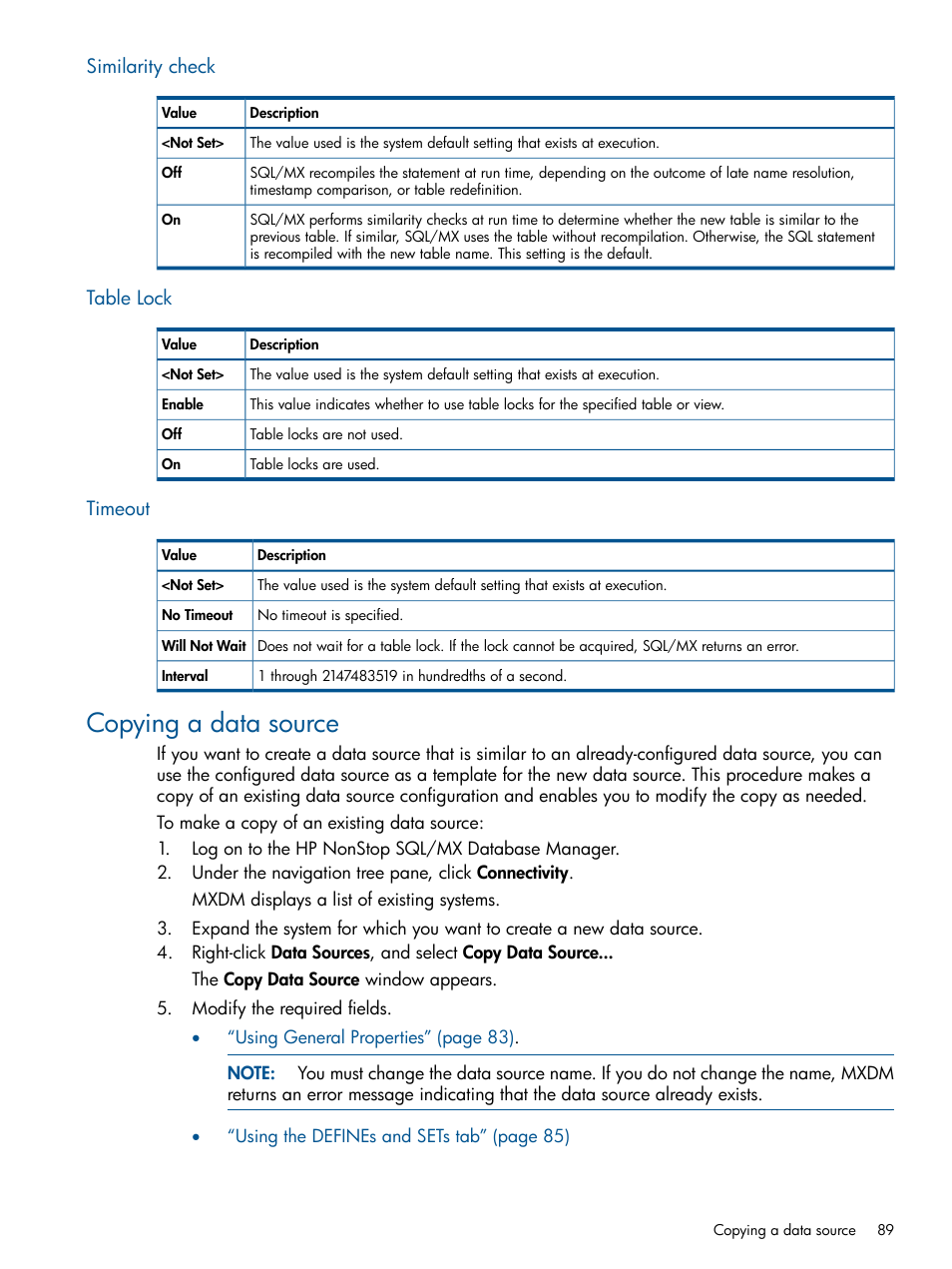 Similarity check, Table lock, Timeout | Copying a data source, Similarity check table lock timeout | HP Integrity NonStop J-Series User Manual | Page 89 / 110