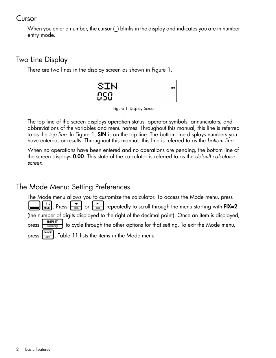 Cursor, Two line display, The mode menu: setting preferences | HP 30b Business Professional Calculator User Manual | Page 10 / 114