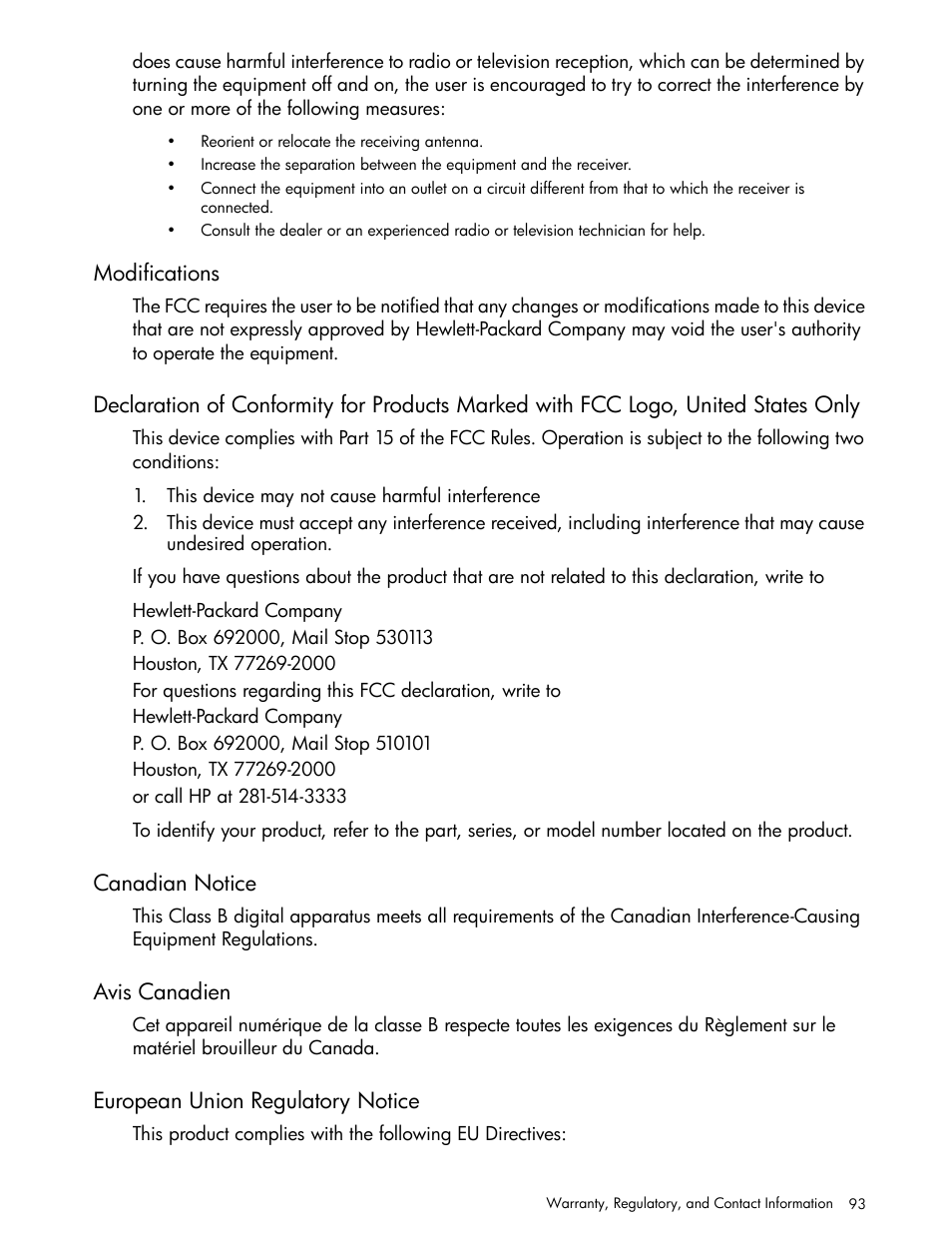 Modifications, Canadian notice, Avis canadien | European union regulatory notice | HP 30b Business Professional Calculator User Manual | Page 101 / 114