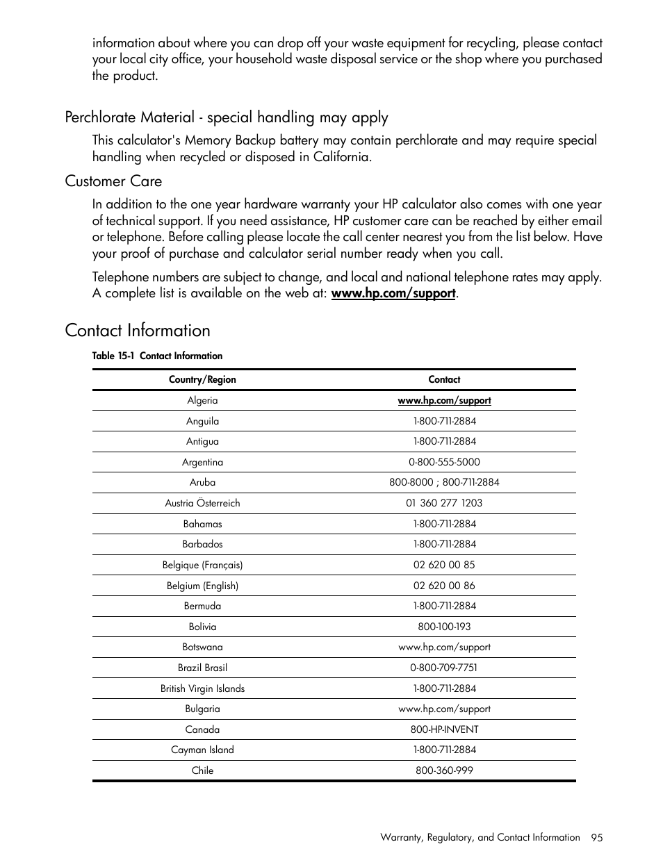 Perchlorate material - special handling may apply, Customer care, Contact information | HP 30b Business Professional Calculator User Manual | Page 103 / 114