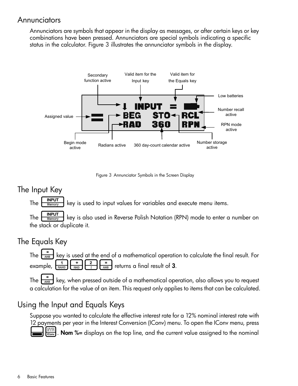 Annunciators, The input key, The equals key | Using the input and equals keys | HP 30b Business Professional Calculator User Manual | Page 14 / 114