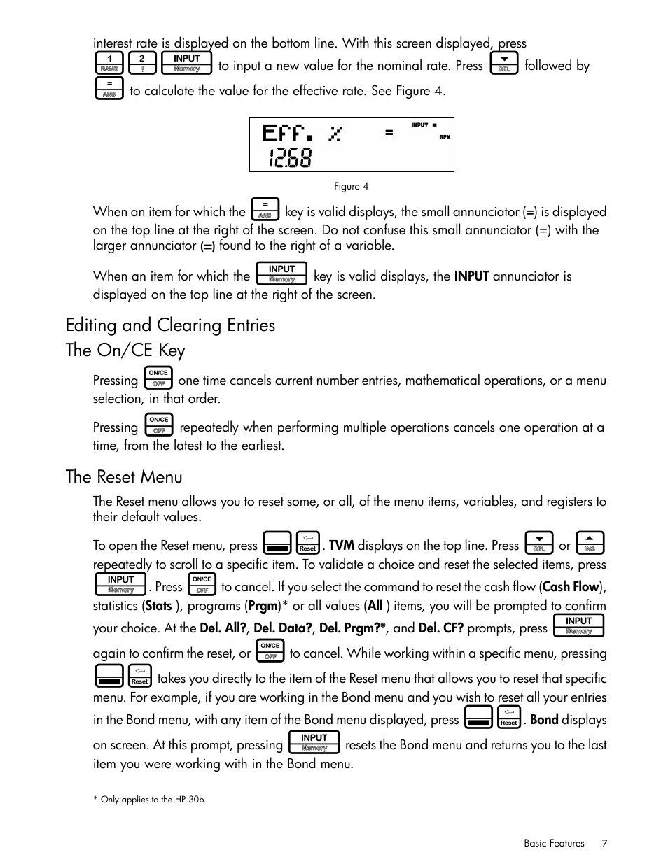 Editing and clearing entries, The on/ce key, The reset menu | HP 30b Business Professional Calculator User Manual | Page 15 / 114