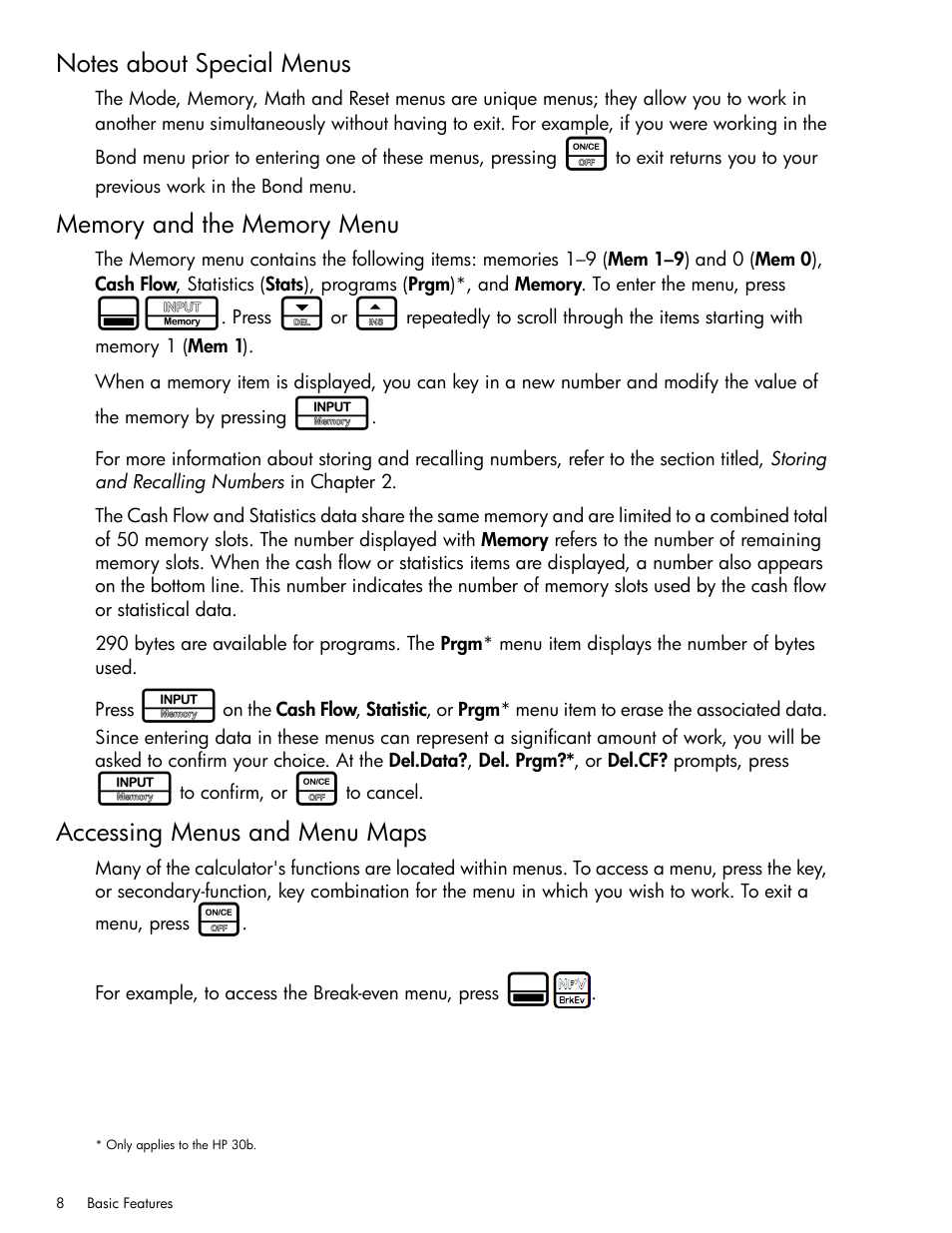 Notes about special menus, Memory and the memory menu, Accessing menus and menu maps | HP 30b Business Professional Calculator User Manual | Page 16 / 114