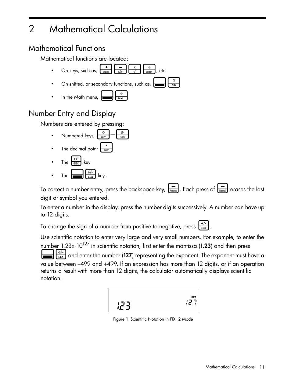 Mathematical calculations, Mathematical functions, Number entry and display | 2mathematical calculations | HP 30b Business Professional Calculator User Manual | Page 19 / 114