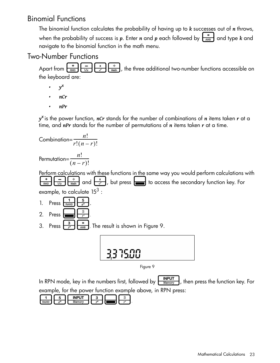 Binomial functions, Two-number functions, 15i3:h | HP 30b Business Professional Calculator User Manual | Page 31 / 114