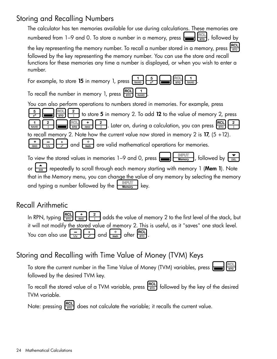Storing and recalling numbers, Recall arithmetic | HP 30b Business Professional Calculator User Manual | Page 32 / 114