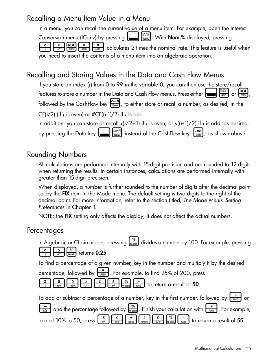Recalling a menu item value in a menu, Rounding numbers, Percentages | HP 30b Business Professional Calculator User Manual | Page 33 / 114