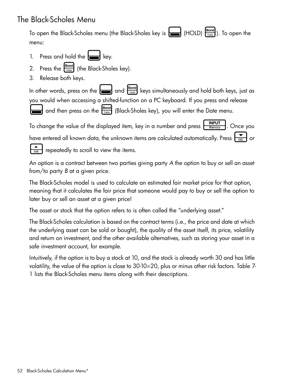 The black-scholes menu | HP 30b Business Professional Calculator User Manual | Page 60 / 114