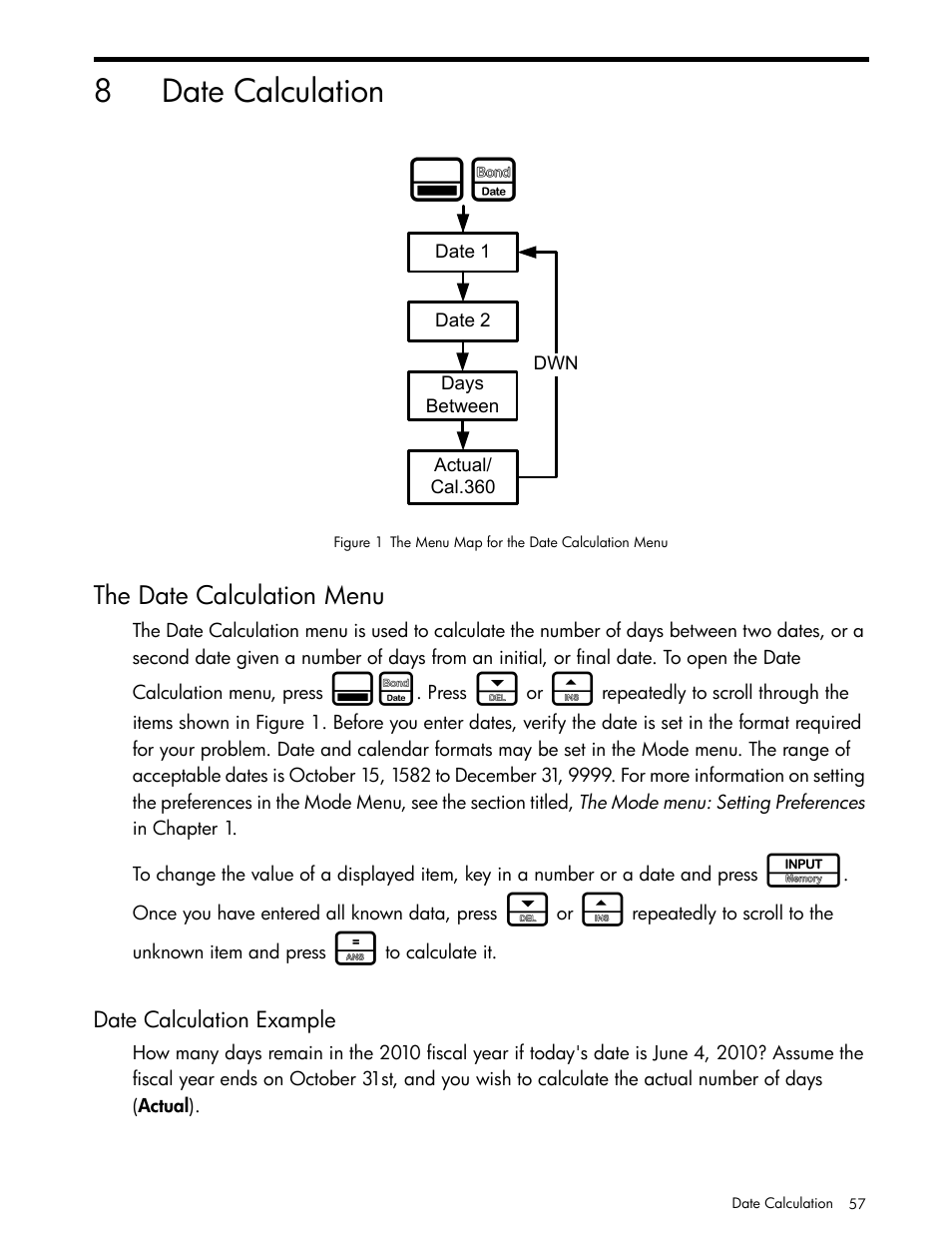 Date calculation, The date calculation menu, Date calculation example | 8date calculation | HP 30b Business Professional Calculator User Manual | Page 65 / 114