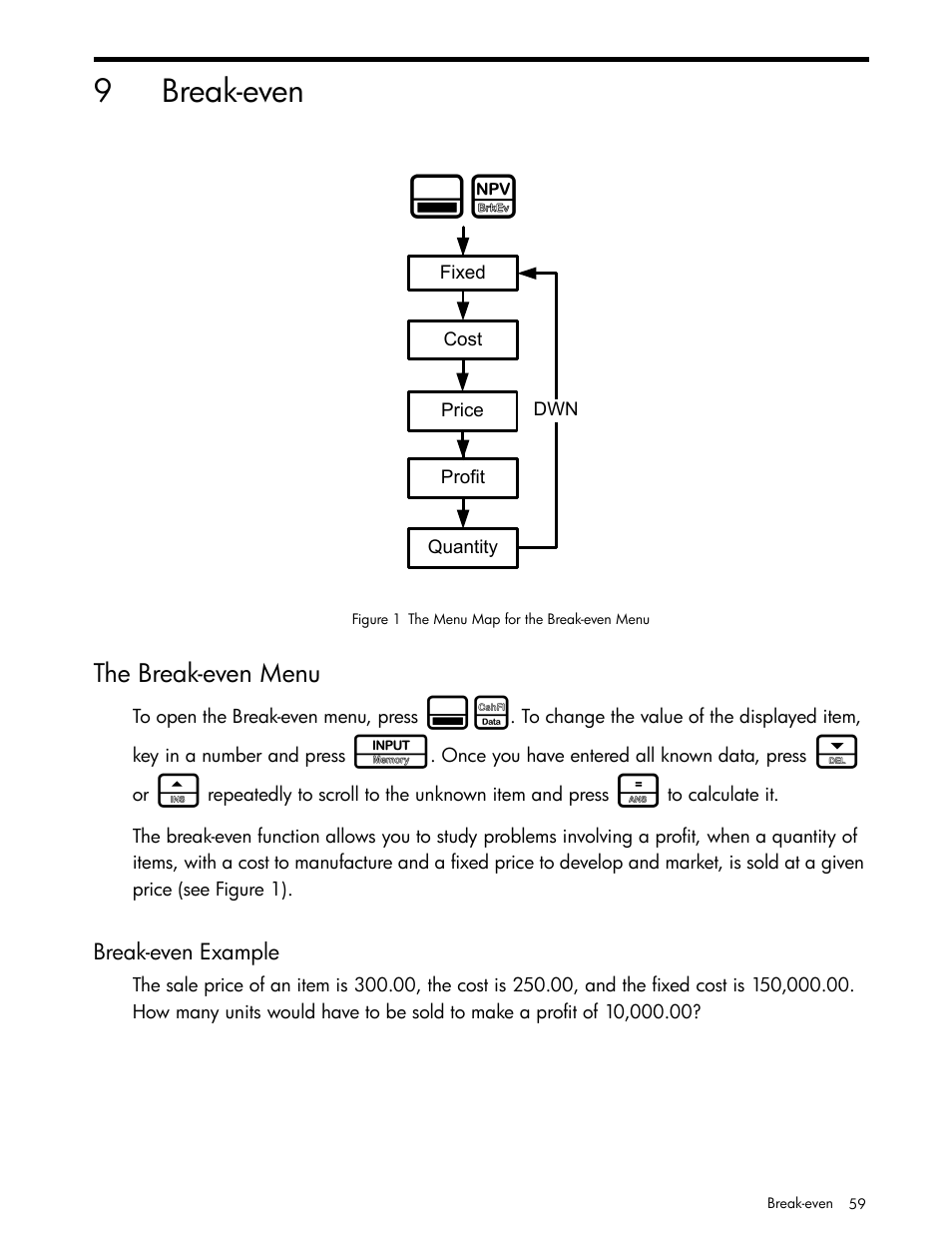 Break-even, The break-even menu, Break-even example | 9break-even | HP 30b Business Professional Calculator User Manual | Page 67 / 114