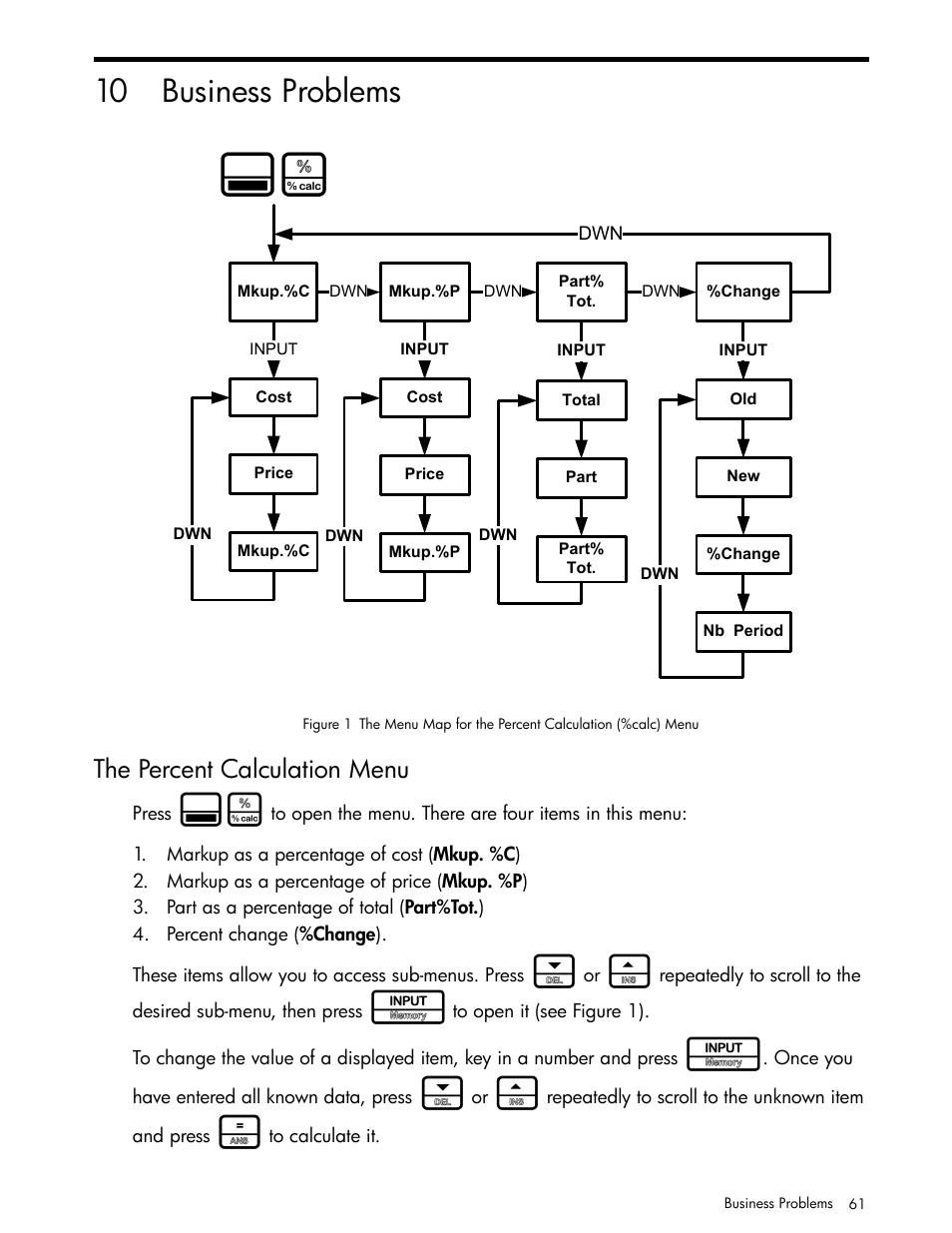 Business problems, The percent calculation menu, 10 business problems | HP 30b Business Professional Calculator User Manual | Page 69 / 114