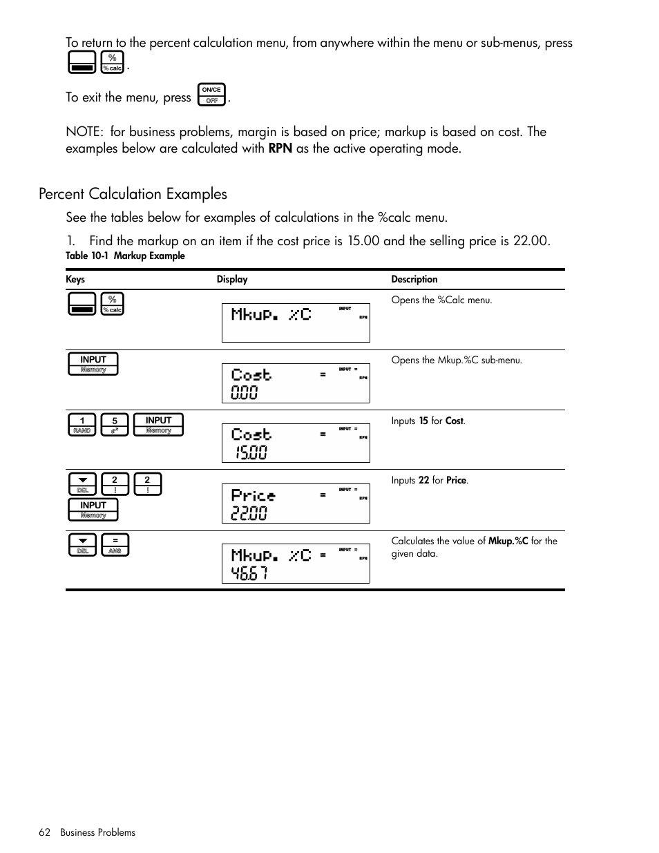 Percent calculation examples, 22 i | HP 30b Business Professional Calculator User Manual | Page 70 / 114