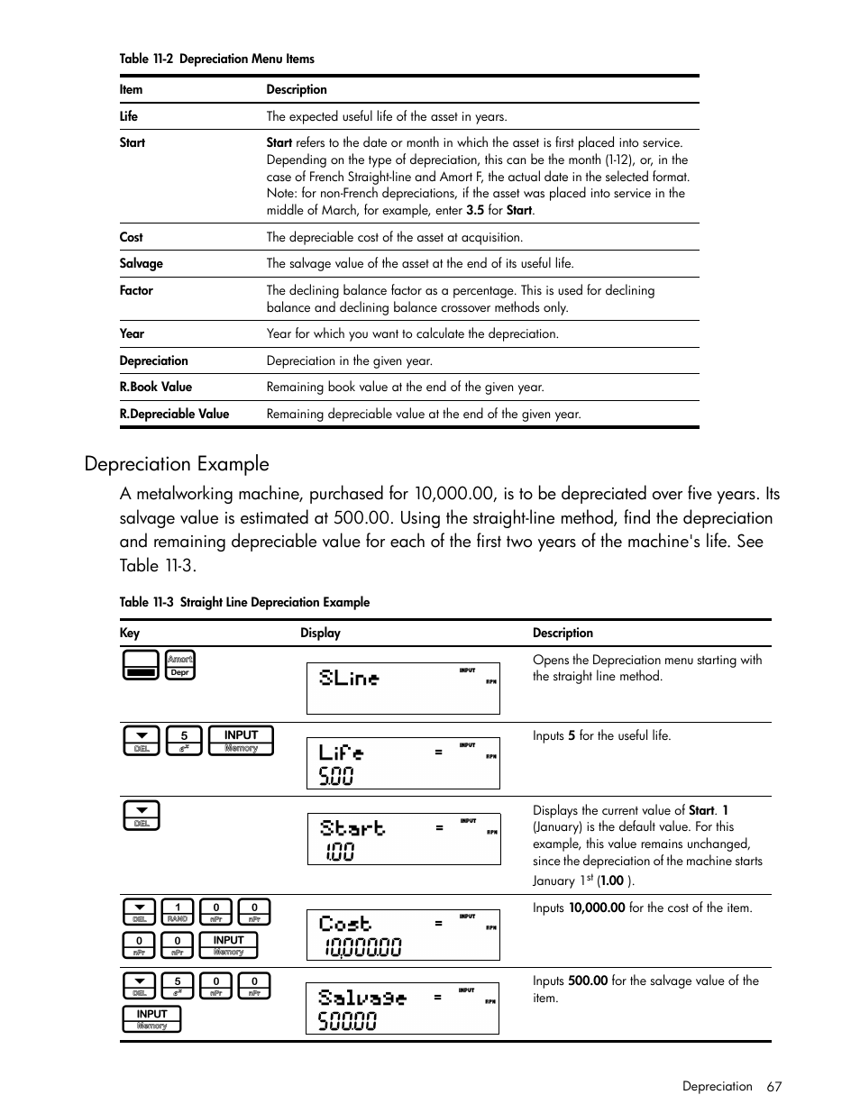 Depreciation example, Table 11-2, Ee table 11-3 | 500 i | HP 30b Business Professional Calculator User Manual | Page 75 / 114