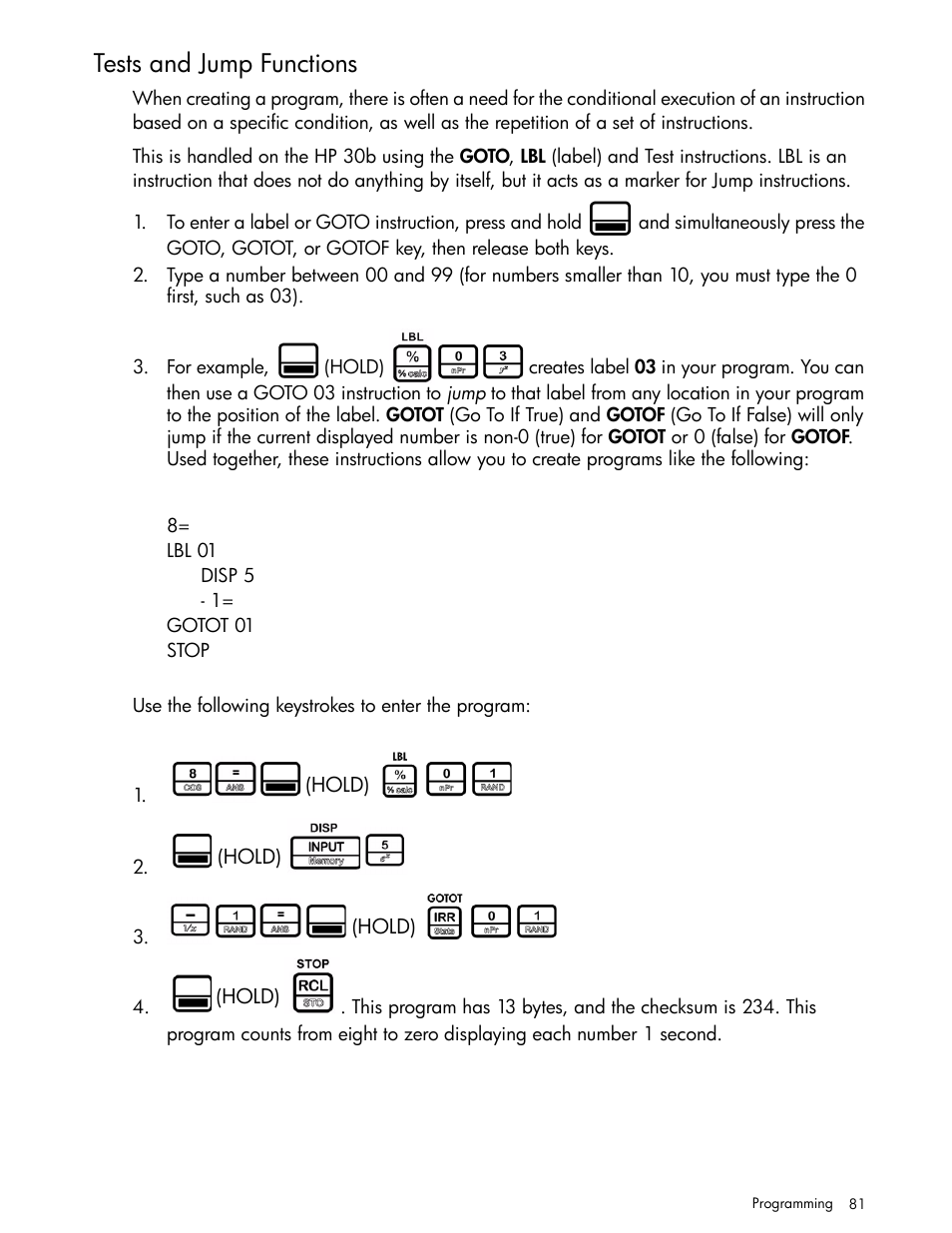 Tests and jump functions | HP 30b Business Professional Calculator User Manual | Page 89 / 114