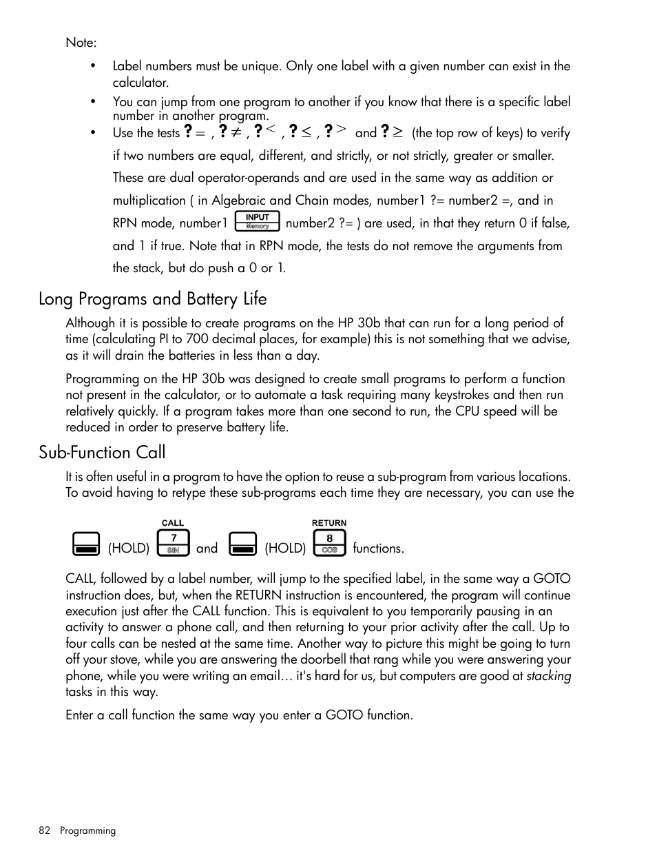 Long programs and battery life, Sub-function call | HP 30b Business Professional Calculator User Manual | Page 90 / 114