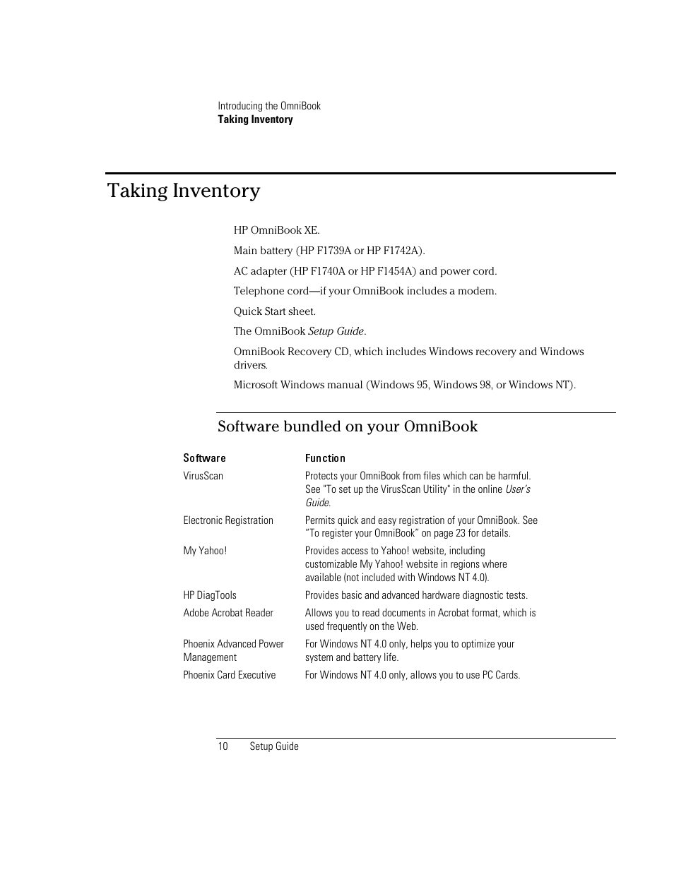 Taking inventory, Software bundled on your omnibook | HP OmniBook XE2-DB Notebook PC User Manual | Page 10 / 78