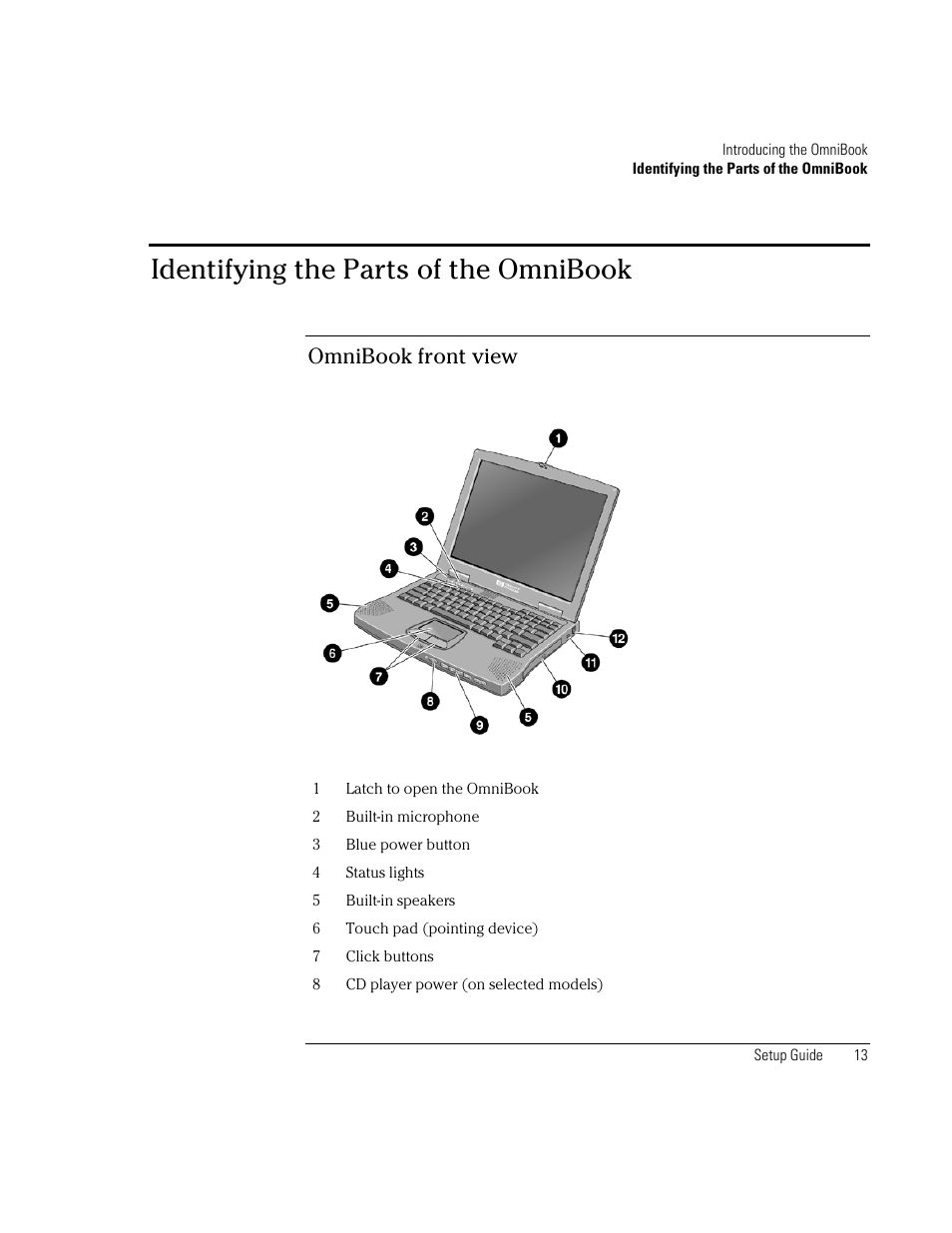 Identifying the parts of the omnibook, Omnibook front view | HP OmniBook XE2-DB Notebook PC User Manual | Page 13 / 78