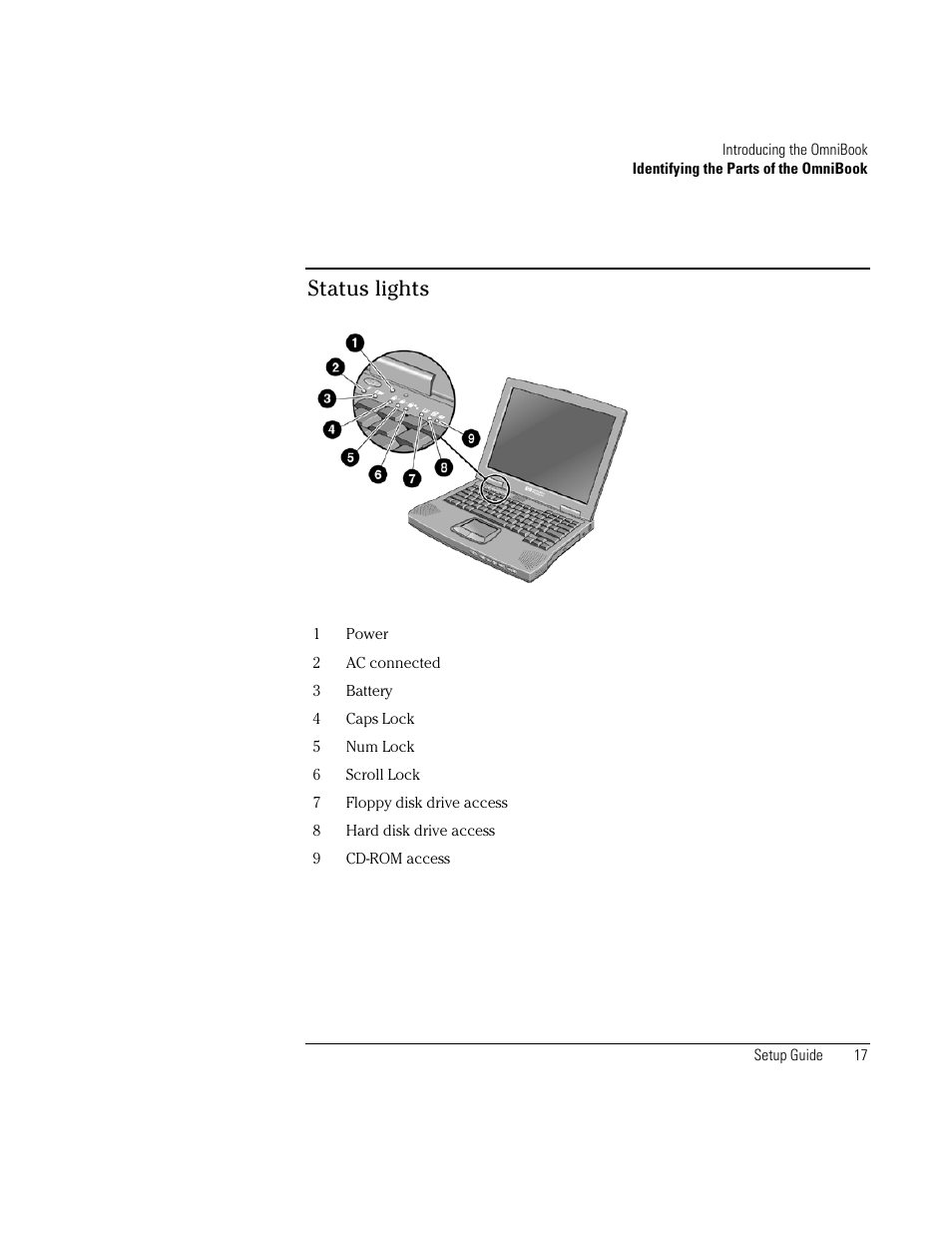 Status lights | HP OmniBook XE2-DB Notebook PC User Manual | Page 17 / 78