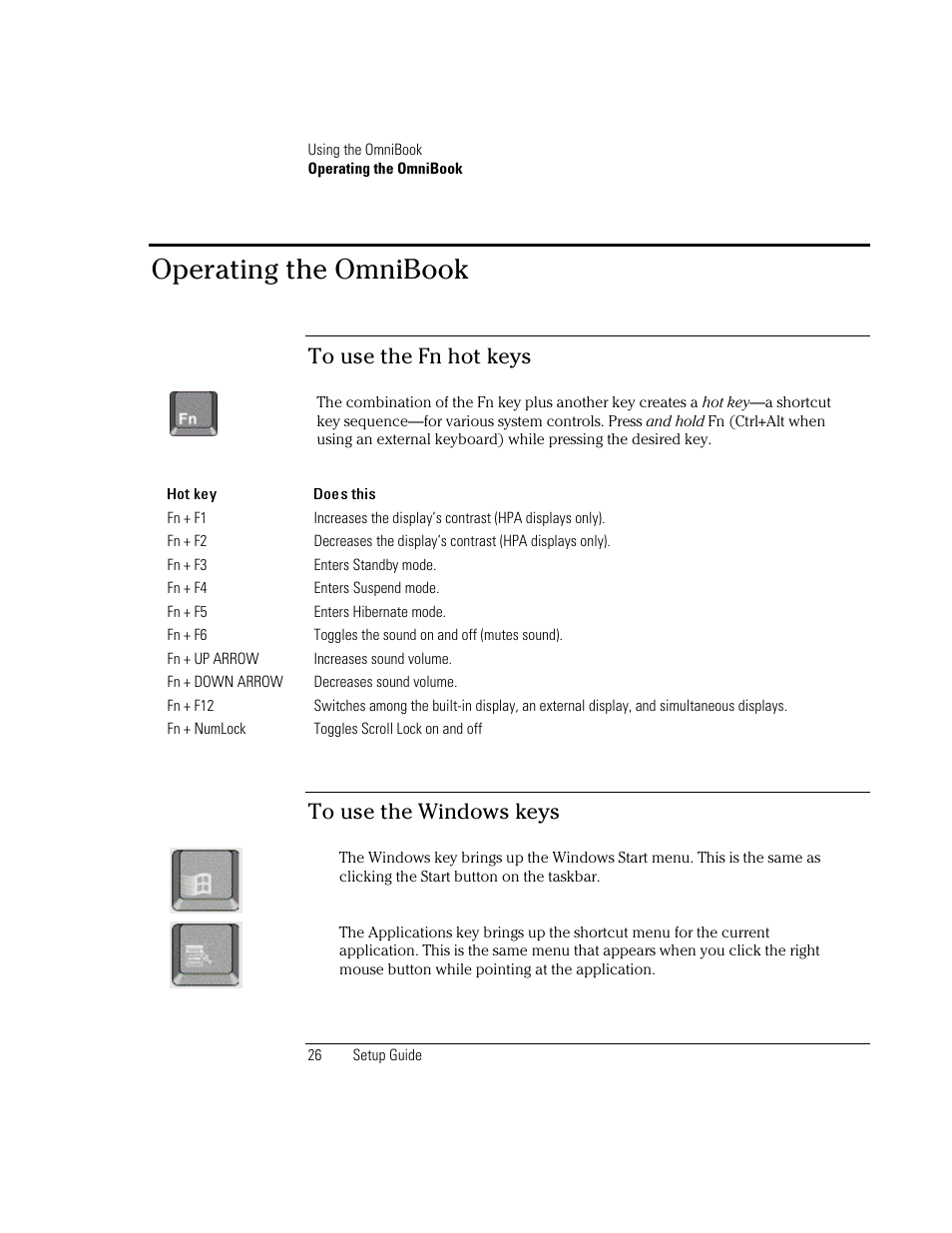 Operating the omnibook | HP OmniBook XE2-DB Notebook PC User Manual | Page 26 / 78