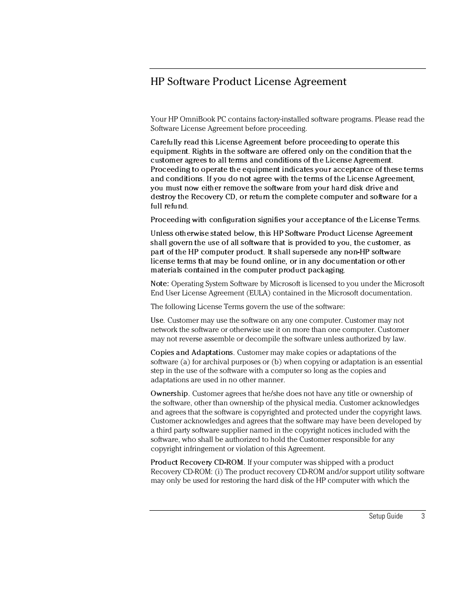 Hp software product license agreement | HP OmniBook XE2-DB Notebook PC User Manual | Page 3 / 78