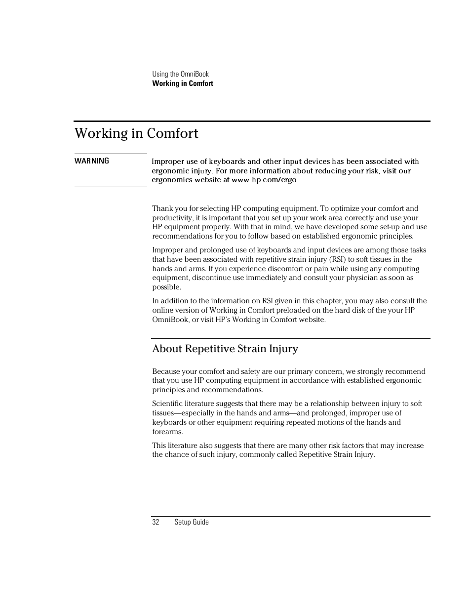 Working in comfort, About repetitive strain injury | HP OmniBook XE2-DB Notebook PC User Manual | Page 32 / 78