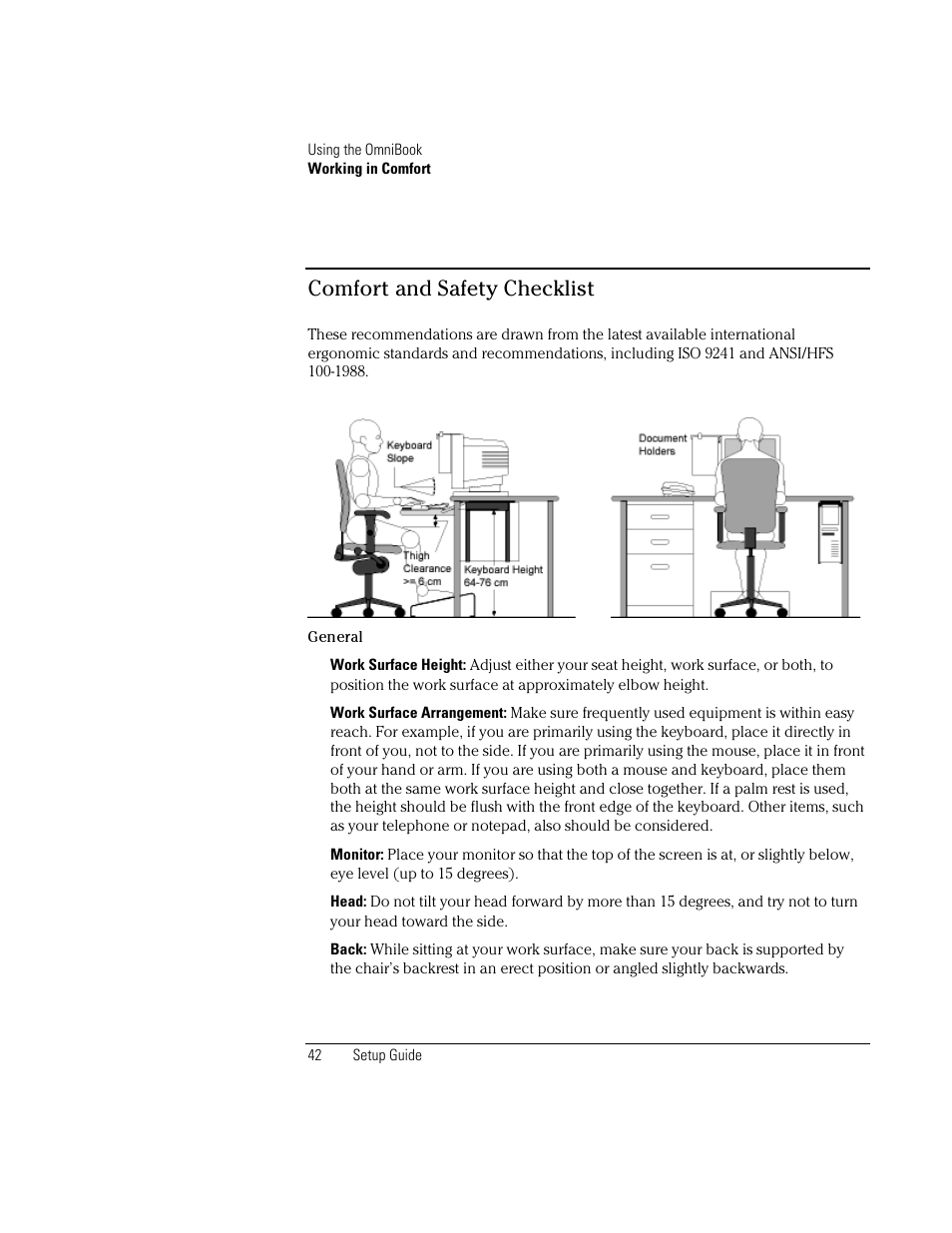 Comfort and safety checklist | HP OmniBook XE2-DB Notebook PC User Manual | Page 42 / 78