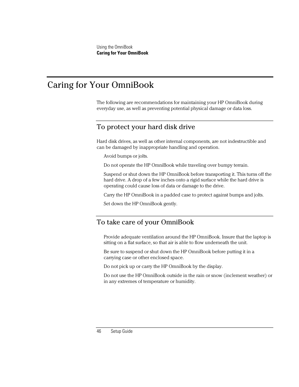 Caring for your omnibook | HP OmniBook XE2-DB Notebook PC User Manual | Page 46 / 78